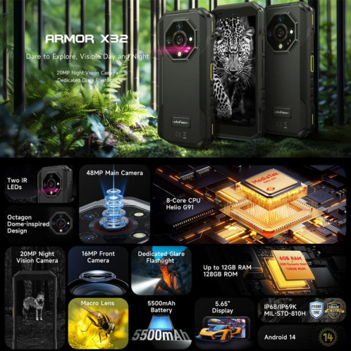  Téléphone robuste Ulefone Armor X32, 6 Go + 256 Go, vision nocturne, écran 5,65 pouces, Android 14, MediaTek Helio G91 Octa Core, réseau : 4G, NFC, OTG (vert) SU892G1555-010